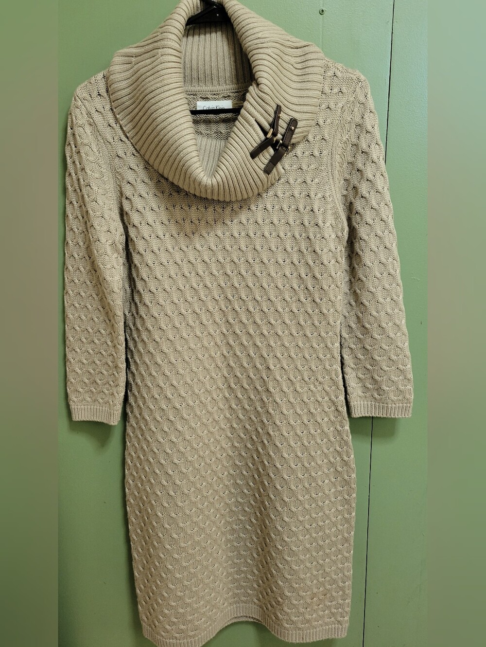 Calvin Klein Tan Cable Cowl-Neck Sweater Dress with Buckle Detail